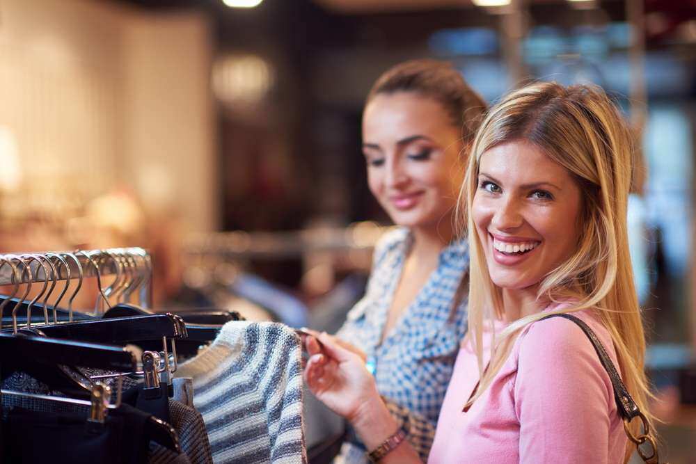 happy young girls in  shopping mall, friends having fun together-1