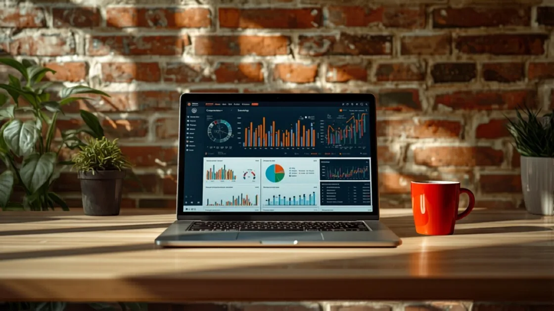Data pipeline dashboard on laptop screen with red coffee mug