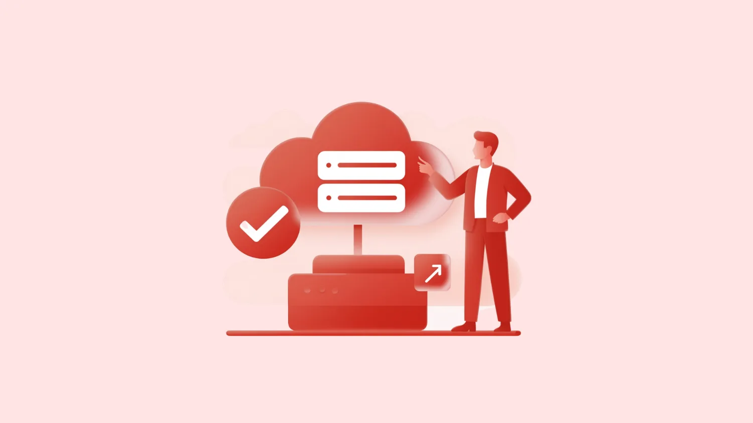 Illustration of an engineer beside stacked cloud resources with a checkmark, representing provisioned IaaS building blocks