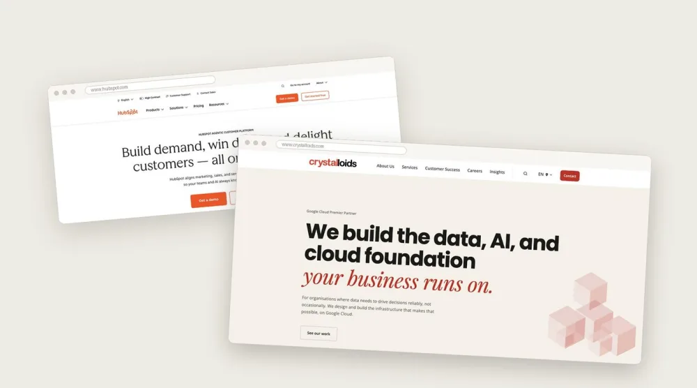 The HubSpot platform behind, and the new Crystalloids homepage on Google Cloud in front