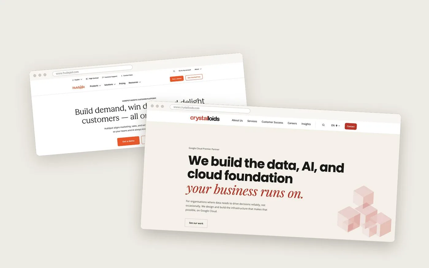 Twee browservensters over elkaar: het HubSpot-platform erachter, en de nieuwe homepage van Crystalloids op Google Cloud ervoor
